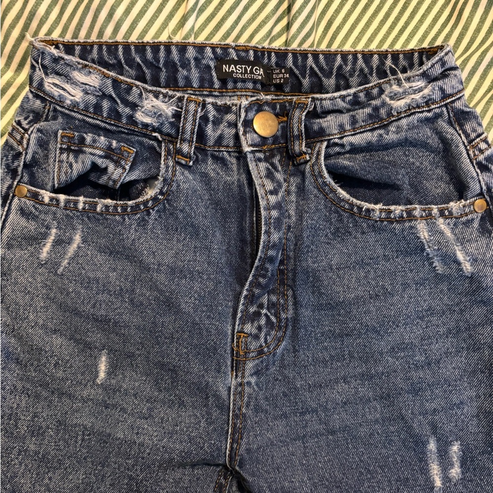 Nasty Gal Blue Distressed High Rise Mom Jeans